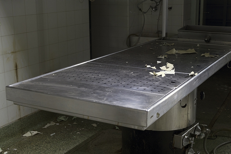 autopsy table in abandoned Ontario St. Catherine's Hospital