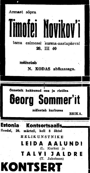 March 23, 1940 newspaper ad for a music concert featuring Talvi Jaldre.